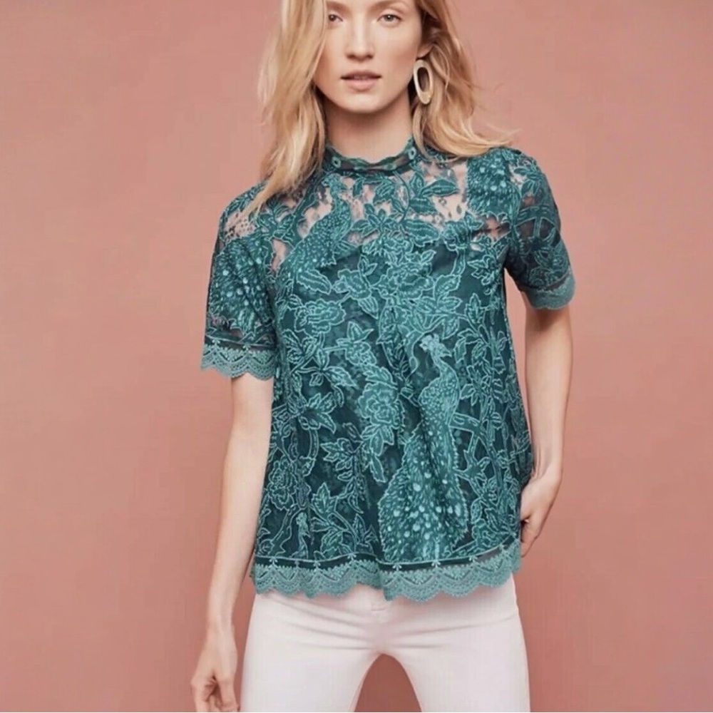 Anthropologie HD in Paris Teal Green Lace Blouse Sheer Floral Top Size 10